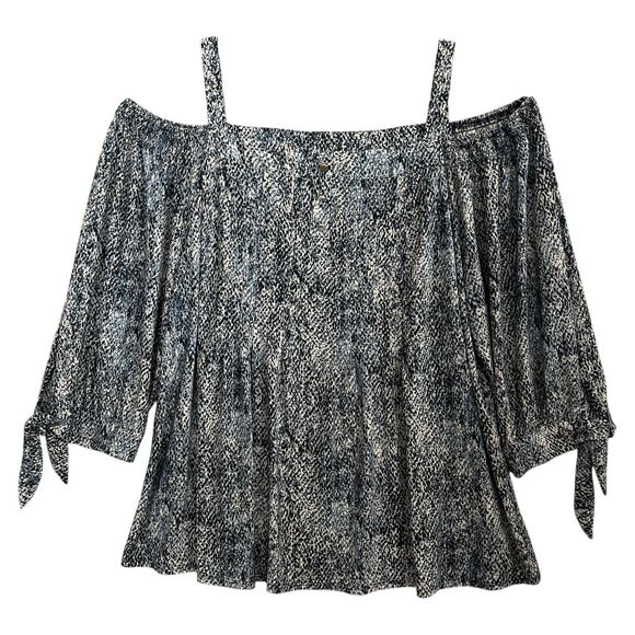 Cocomo Pintuck Top Plus Size 2X Blue White Snakeskin Cold Shoulder 3/4 Sleeve - Picture 1 of 7